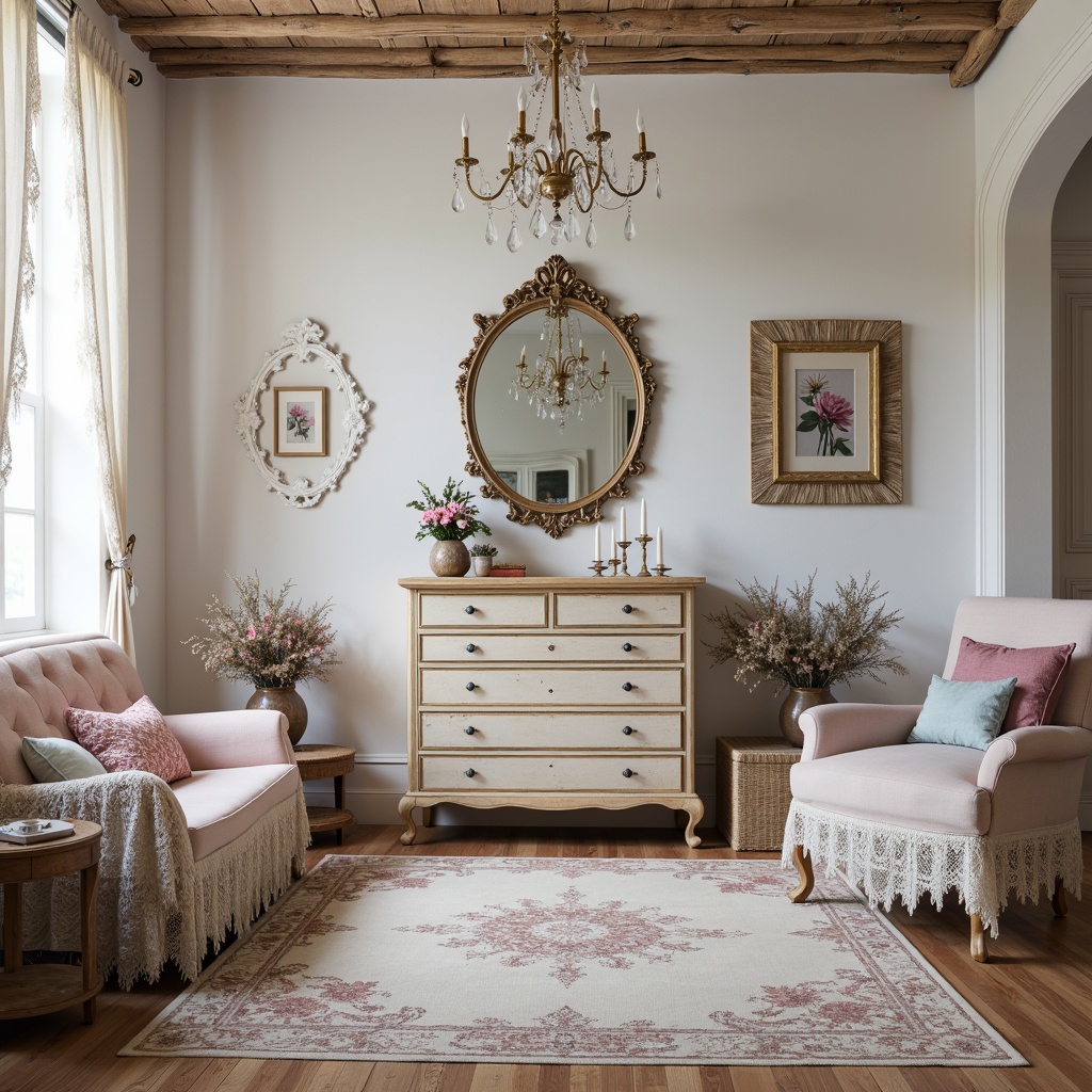 Prompt: Soft, romantic interiors, distressed finishes, vintage furniture, pastel hues, muted whites, creams, pale pinks, baby blues, mauve accents, lace details, floral patterns, ornate mirrors, crystal chandeliers, velvet fabrics, linen textures, worn wood floors, natural light, warm candlelight, shallow depth of field, 1/2 composition, soft focus, realistic rendering.