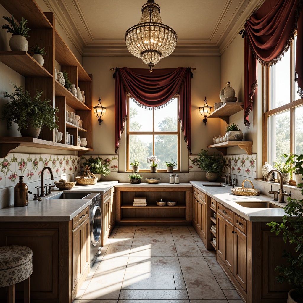 Prompt: \Elegant Victorian laundry room, ornate chandeliers, soft warm glow, crystal pendant lights, brass fixtures, distressed wood cabinetry, vintage-style metal washbasins, floral patterned ceramic tiles, rich velvet drapes, opulent marble countertops, classic lantern-style lighting, rustic wooden shelves, antique bronze faucets, lace-trimmed linen storage, delicate porcelain vases, morning sunlight, warm beige tones, 1/1 composition, shallow depth of field, realistic textures, ambient occlusion.\