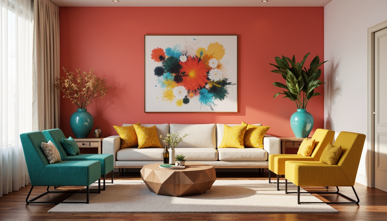 Prompt: Vibrant living room, bold accent walls, bright coral hues, turquoise decorative vases, yellow patterned throw pillows, geometric shaped coffee tables, rich wood flooring, natural light pouring in, sheer curtains, modern minimalist furniture, sleek metal legs, colorful abstract artwork, statement lighting fixtures, warm cozy atmosphere, shallow depth of field, 1/1 composition, realistic textures.