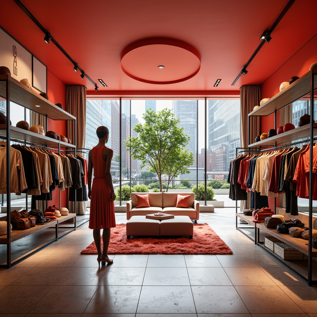 Prompt: Vibrant boutique store, bold color accents, bright coral walls, sleek modern shelves, trendy clothing displays, metallic fixtures, luxurious fabrics, plush carpets, stylish mannequins, floor-to-ceiling windows, natural light pouring in, urban cityscape view, shallow depth of field, 1/1 composition, realistic textures, ambient occlusion.