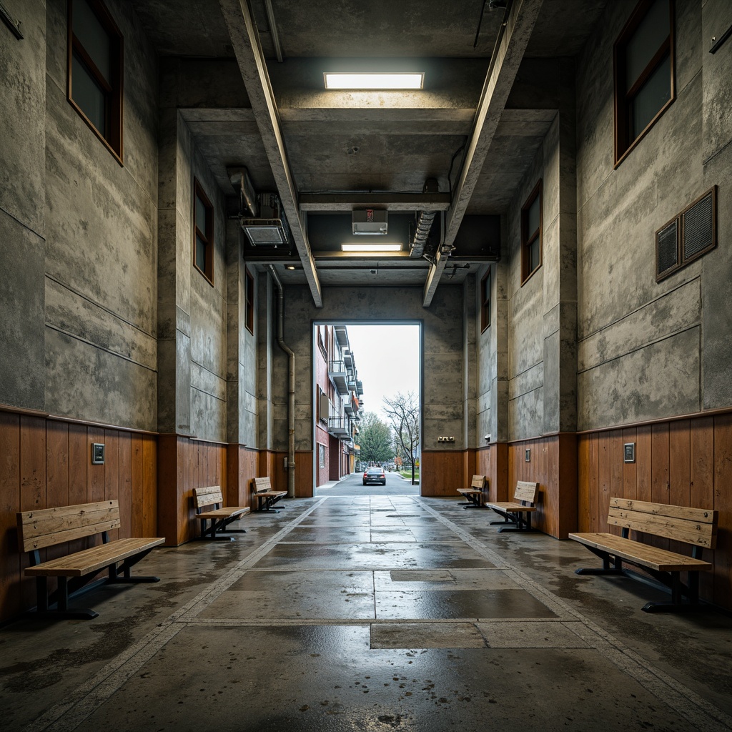 Prompt: Gritty high school building, brutalist architecture, raw concrete walls, exposed ductwork, industrial-style lighting, bold geometric patterns, muted earth tones, weathered steel accents, worn wooden benches, distressed floor tiles, urban cityscape backdrop, overcast skies, dramatic shadows, 1/1 composition, gritty textures, cinematic atmosphere.