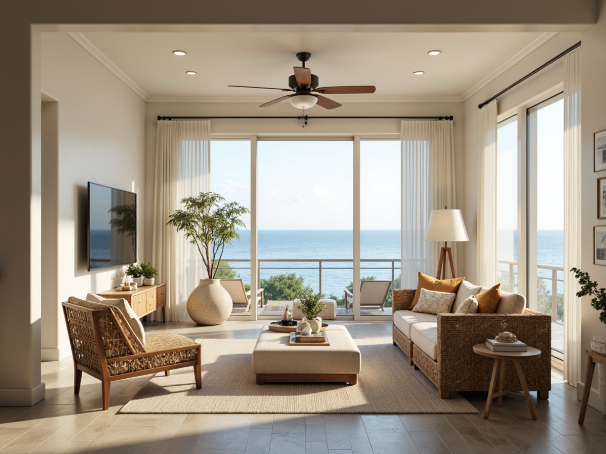 Prompt: Coastal living room, large windows, ocean views, soft natural light, calming atmosphere, light beige walls, driftwood furniture, woven sea grass textures, coral-inspired accents, shell-adorned decorative pieces, nautical-themed accessories, subtle color palette, airy feel, minimalist design, sheer curtains, reflective surfaces, LED ambient lighting, 1/1 composition, shallow depth of field, warm sunny day, realistic renderings.