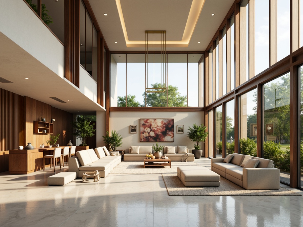 Prompt: Spacious great room, modern minimalist style, high ceilings, large windows, floor-to-ceiling glass walls, sleek lines, neutral color palette, warm ambient lighting, soft glowing lamps, recessed LED lights, minimalist chandeliers, polished metal fixtures, cream-colored marble floors, plush area rugs, comfortable sofas, natural wood accents, abstract artwork, greenery plants, morning sunlight, softbox lighting, 1/2 composition, shallow depth of field, realistic textures.