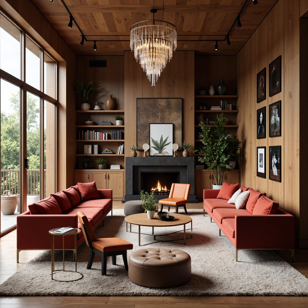 Prompt: Luxurious living room, rich wood tones, velvety sofas, sleek coffee tables, metallic legs, tufted ottomans, ornate mirrors, crystal chandeliers, plush area rugs, floor-to-ceiling windows, natural light, warm ambiance, soft focus, shallow depth of field, 2/3 composition, Scandinavian-inspired minimalism, industrial chic accents, rustic wooden textures, vibrant color pops, statement lighting fixtures, functional shelving units, ergonomic chair designs, sustainable eco-friendly materials.