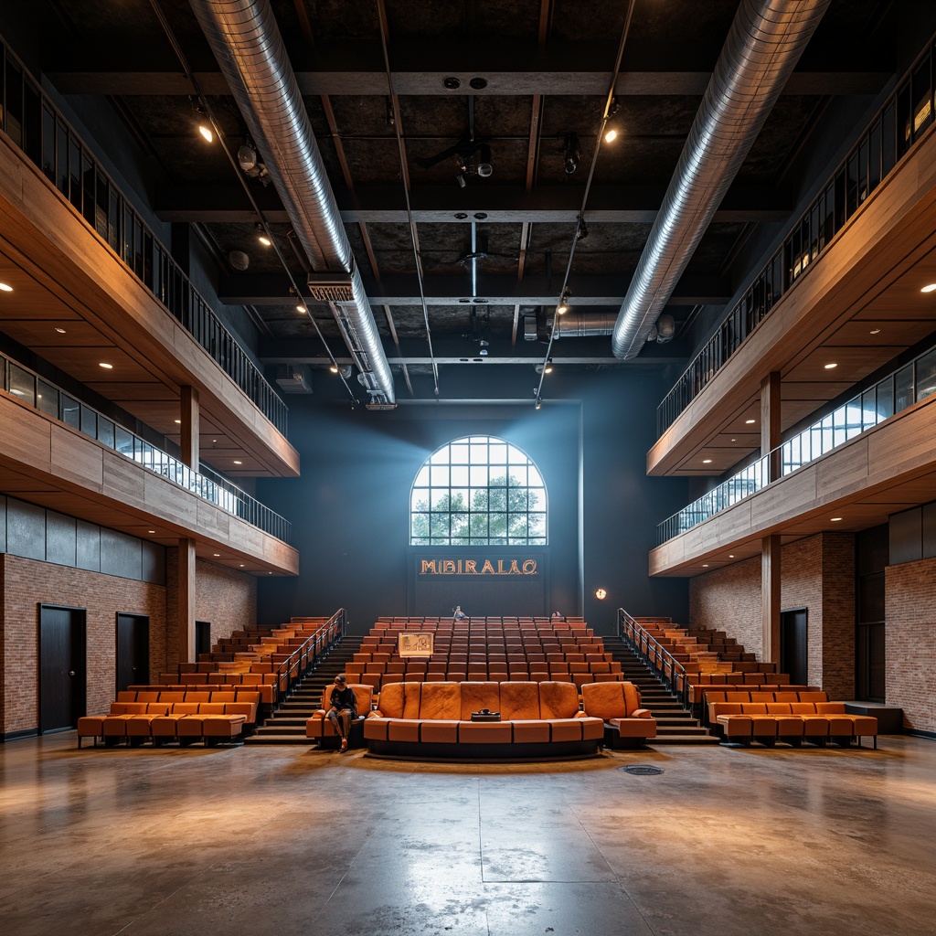 Prompt: Exposed ductwork, industrial chic lighting, reclaimed wood accents, polished concrete floors, metal beams, urban loft atmosphere, state-of-the-art sound systems, tiered seating, curved architecture, dynamic acoustic panels, bold color schemes, minimal ornamentation, functional design, high ceilings, open spaces, natural light pouring in, dramatic spotlights, 3/4 composition, wide-angle lens, soft focus, atmospheric rendering.