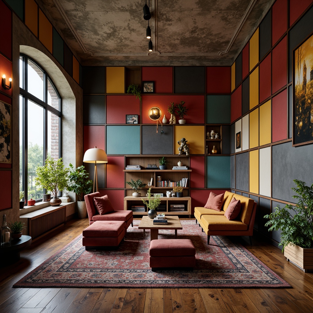 Prompt: Eclectic apartment interior, bold color blocking, abstract geometric patterns, textured walls, metallic accents, industrial-chic lighting fixtures, reclaimed wood floors, plush velvet furniture, oversized artwork, expressive sculptures, dramatic archways, curved lines, moody atmospheric lighting, soft focus blur, 1/1 composition, cinematic view, realistic reflections, ambient occlusion.