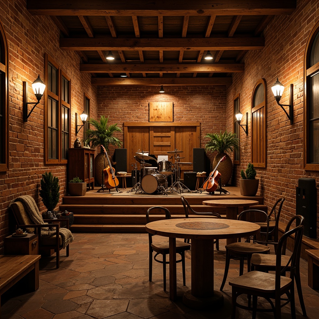 Prompt: Rustic music venue, wooden stage, distressed brick walls, vintage musical instruments, dim warm lighting, wooden benches, rustic metal chairs, cozy throw blankets, earthy tone color scheme, natural stone flooring, reclaimed wood accents, lantern-style light fixtures, intimate setting, relaxed atmosphere, 3/4 composition, shallow depth of field, soft focus, warm color palette.