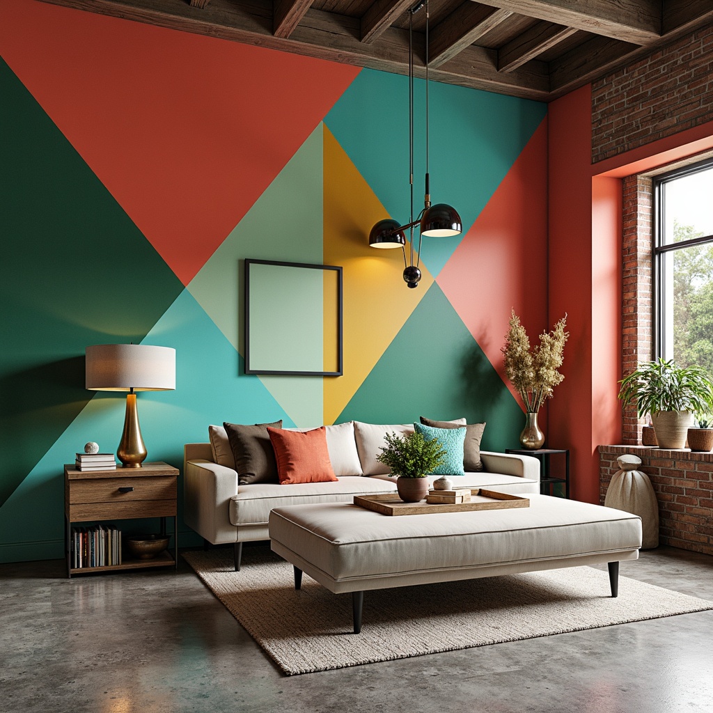 Prompt: Vibrant accent walls, bold geometric patterns, bright coral hues, rich turquoise tones, deep emerald greens, sunny yellow highlights, metallic gold finishes, glossy black accents, modern minimalist spaces, sleek contemporary furniture, urban loft settings, industrial chic decor, exposed brick walls, polished concrete floors, natural wood textures, dramatic lighting fixtures, abstract artwork, eclectic decorative accessories.