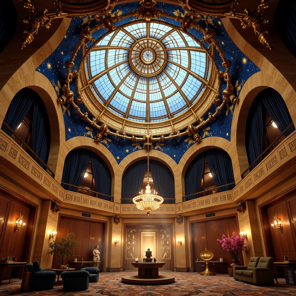 Prompt: Opulent planetarium dome, intricate ironwork framework, ornate gold leaf details, celestial body projections, starry night sky, rich velvet drapes, lavish wooden paneling, antique astronomical instruments, polished brass telescopes, stained glass ceiling, Moorish-inspired arches, grand chandelier, warm golden lighting, dramatic spotlights, 1/1 composition, symmetrical balance, atmospheric mist, mysterious ambiance.