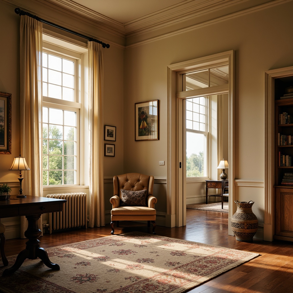 Prompt: Traditional home office, warm beige walls, rich wood furniture, comfortable leather armchair, classic wooden desk, ornate metal lamp, soft cream curtains, pinched pleat drapery, subtle patterned rug, natural woven textiles, earthy color palette, cozy reading nook, elegant crown molding, warm golden lighting, shallow depth of field, 1/2 composition, realistic textures, ambient occlusion.