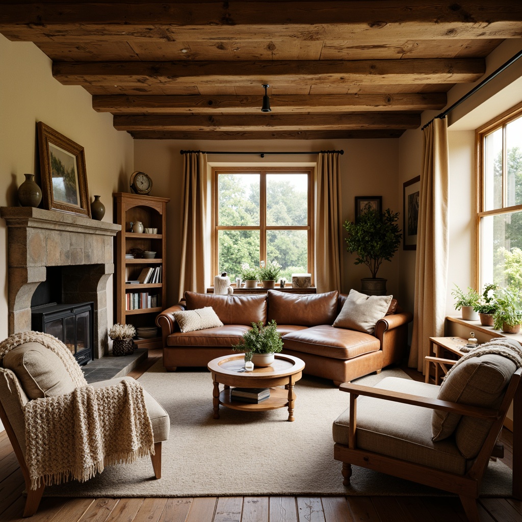 Prompt: Cozy living room, wooden furniture, vintage decor, natural fabrics, earthy tones, woven baskets, plush throw blankets, rustic wooden beams, stone fireplaces, warm golden lighting, soft cushions, chunky knitting patterns, distressed leather armchairs, rich velvet drapes, antique vases, classic bookshelves, warm beige walls, traditional English countryside style, soft focus photography, 1/2 composition, warm color palette.