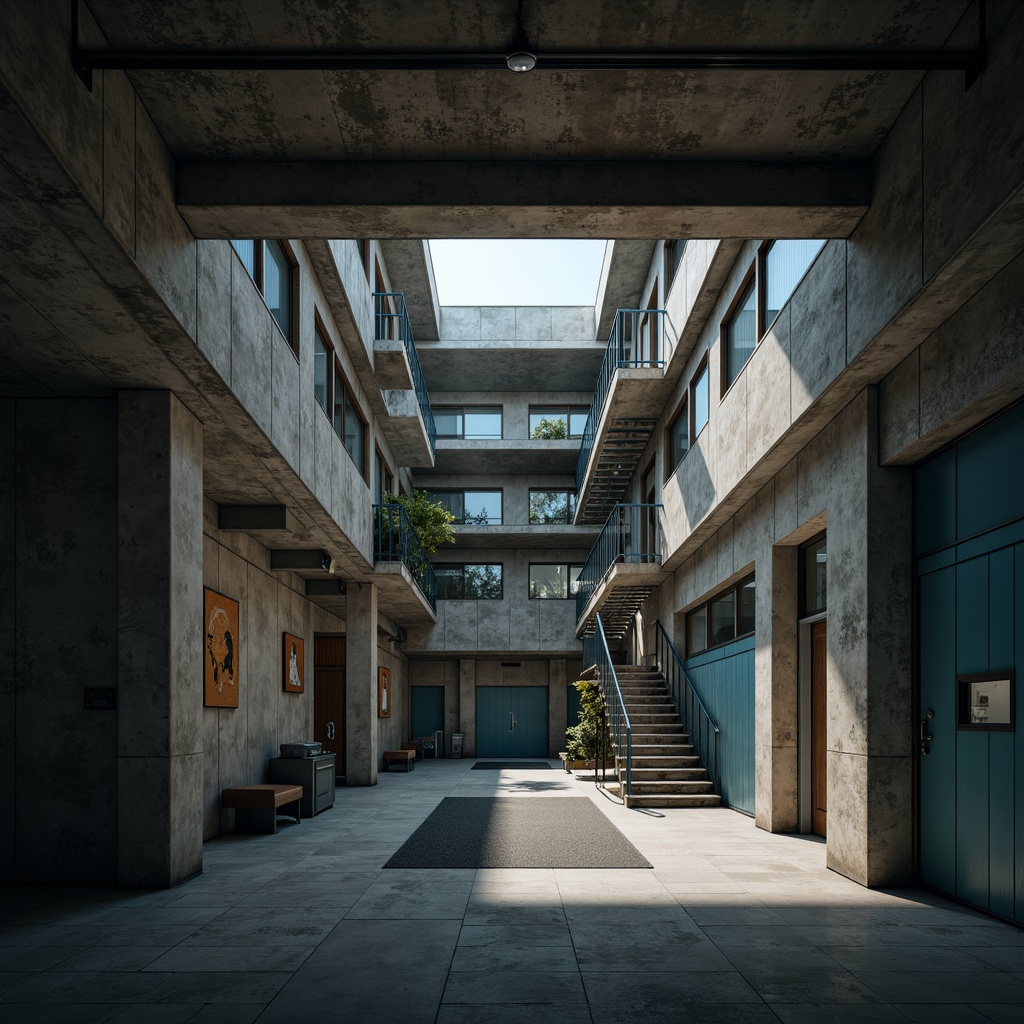 Prompt: Gritty high school building, brutalist architecture, raw concrete walls, industrial metal beams, minimalist decor, moody color palette, dark grey tones, muted blue accents, earthy brown hues, cold white lighting, dramatic shadows, 3/4 composition, low-angle shot, realistic textures, ambient occlusion.