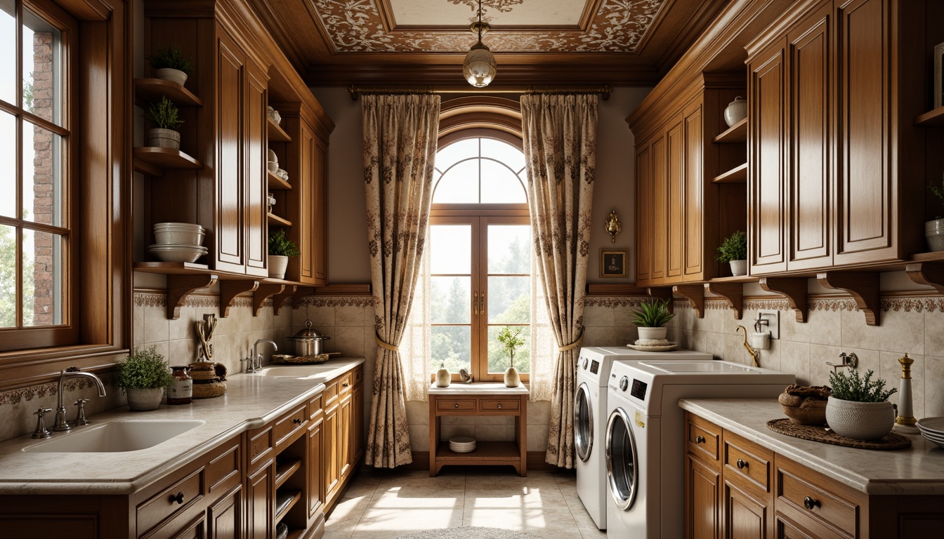 Prompt: Intricate ornate moldings, Victorian-era inspired laundry room, rich wood tones, decorative corbels, floral patterns, soft warm lighting, elegant archways, lavish drapery, marble countertops, ornamental metalwork, vintage-style washing machines, distressed finishes, rustic wooden accents, delicate lace curtains, porcelain fixtures, warm beige colors, subtle sheen, shallow depth of field, 1/2 composition, realistic textures, ambient occlusion.