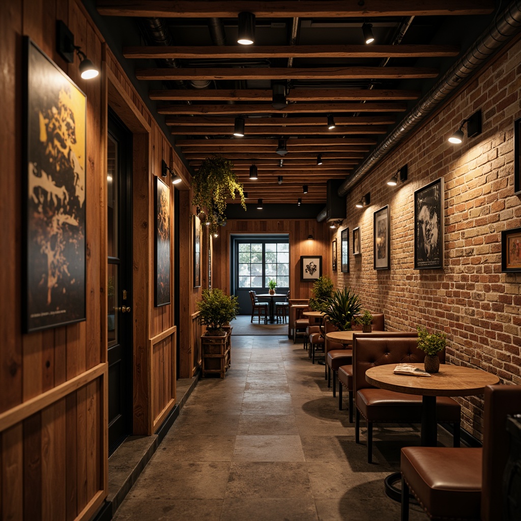 Prompt: Rustic wooden walls, exposed brick, natural stone textures, earthy color palette, dim warm lighting, metal accents, vintage signs, wooden crates, distressed finishes, rough-hewn beams, reclaimed wood, industrial pipes, urban loft atmosphere, rich brown tones, cozy nooks, intimate seating areas, decorative metalwork, worn leather upholstery, ambient shadows, shallow depth of field, 1/1 composition, realistic textures.