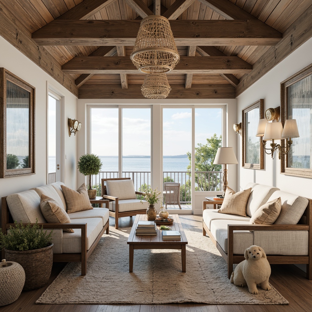 Prompt: Coastal cottage, driftwood accents, nautical ropes, ocean-inspired colors, soft linen fabrics, distressed wood furniture, vintage maritime artifacts, glass pendant lights, rope-wrapped chandeliers, natural woven shades, shell-adorned sconces, bronze fixtures, candle lanterns, warm beachy ambiance, seaside views, salty air, misty morning light, 1/1 composition, shallow depth of field, realistic textures, ambient occlusion.