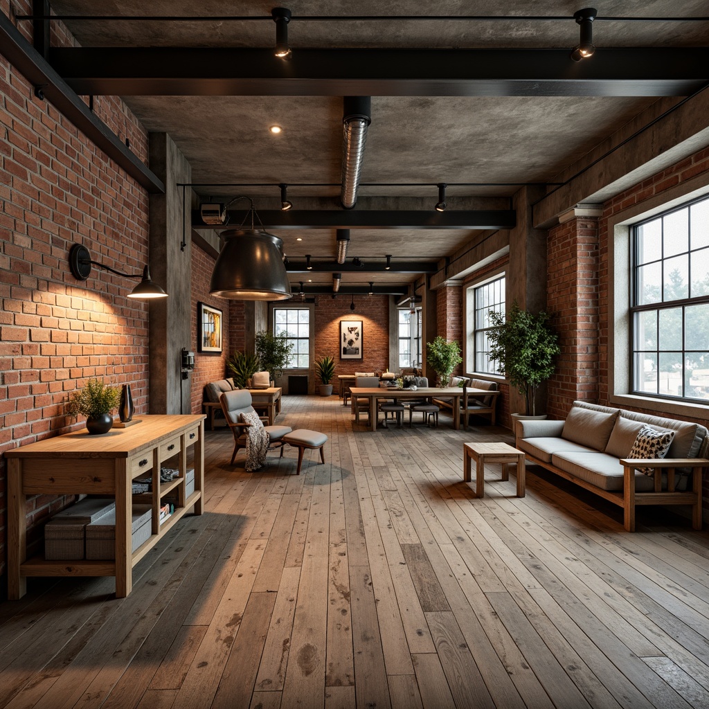 Prompt: Exposed brick walls, distressed wooden floors, metallic accents, industrial-style lighting fixtures, reclaimed wood furniture, urban loft atmosphere, concrete ceilings, steel beams, minimalist decor, functional storage units, neutral color palette, soft warm lighting, shallow depth of field, 3/4 composition, realistic textures, ambient occlusion.