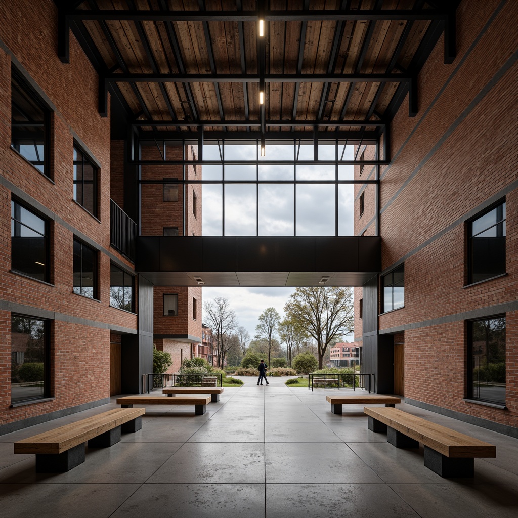 Prompt: Rustic memorial center, exposed beams, industrial metal framework, reclaimed wood accents, weathered brick walls, concrete floors, dramatic high ceilings, minimalist lighting fixtures, solemn atmosphere, natural stone benches, steel columns, urban landscape views, overcast sky, soft diffused lighting, shallow depth of field, 1/2 composition, cinematic perspective, realistic textures, ambient occlusion.