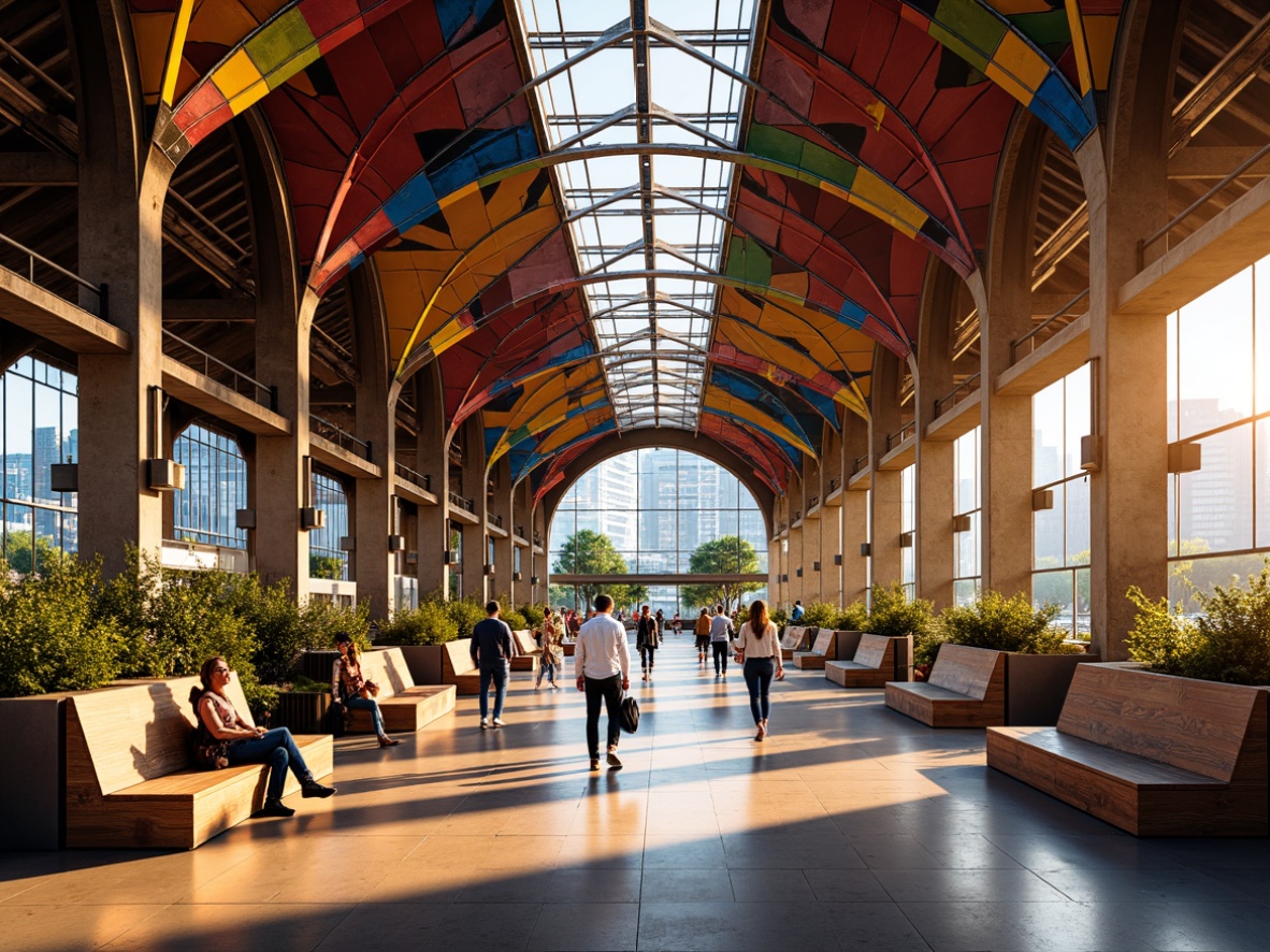 Prompt: Vibrant train station interior, postmodernist architecture style, grandiose high ceilings, intricate ornate details, eclectic mix of materials, bold colorful patterns, playful geometric shapes, industrial metallic accents, reclaimed wooden benches, futuristic LED lighting, dynamic curves, sweeping arches, irregular forms, abstract sculptures, urban cityscape views, rush hour atmosphere, warm golden lighting, shallow depth of field, 1/2 composition, realistic textures, ambient occlusion.