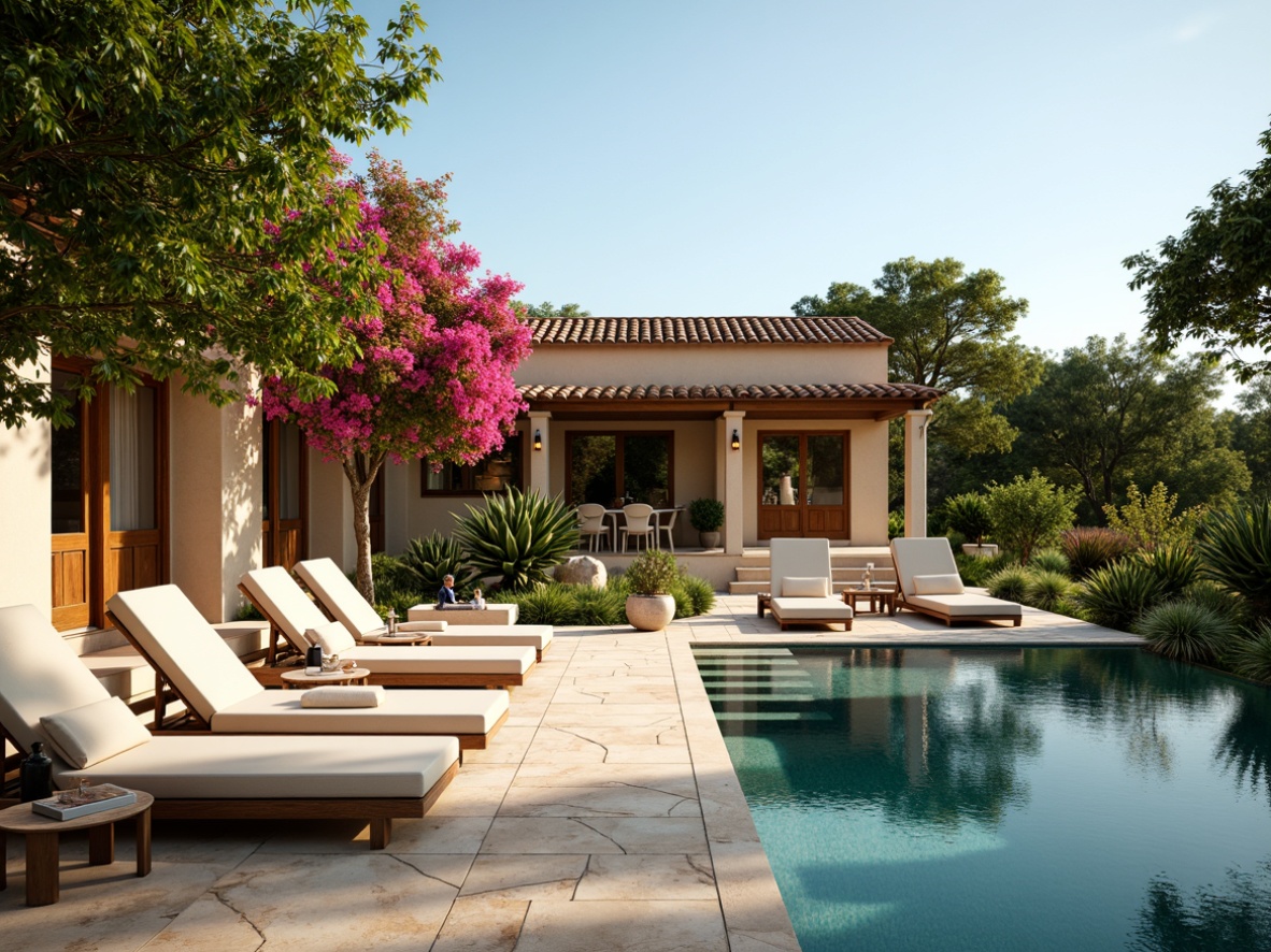 Prompt: Luxurious villa, Mediterranean style, warm beige walls, terracotta roof tiles, lush greenery, vibrant bougainvillea, tranquil outdoor spaces, sparkling blue pool, comfortable lounge chairs, plush sunbeds, natural stone pathways, rustic wooden accents, soft warm lighting, shallow depth of field, 3/4 composition, panoramic view, realistic textures, ambient occlusion.