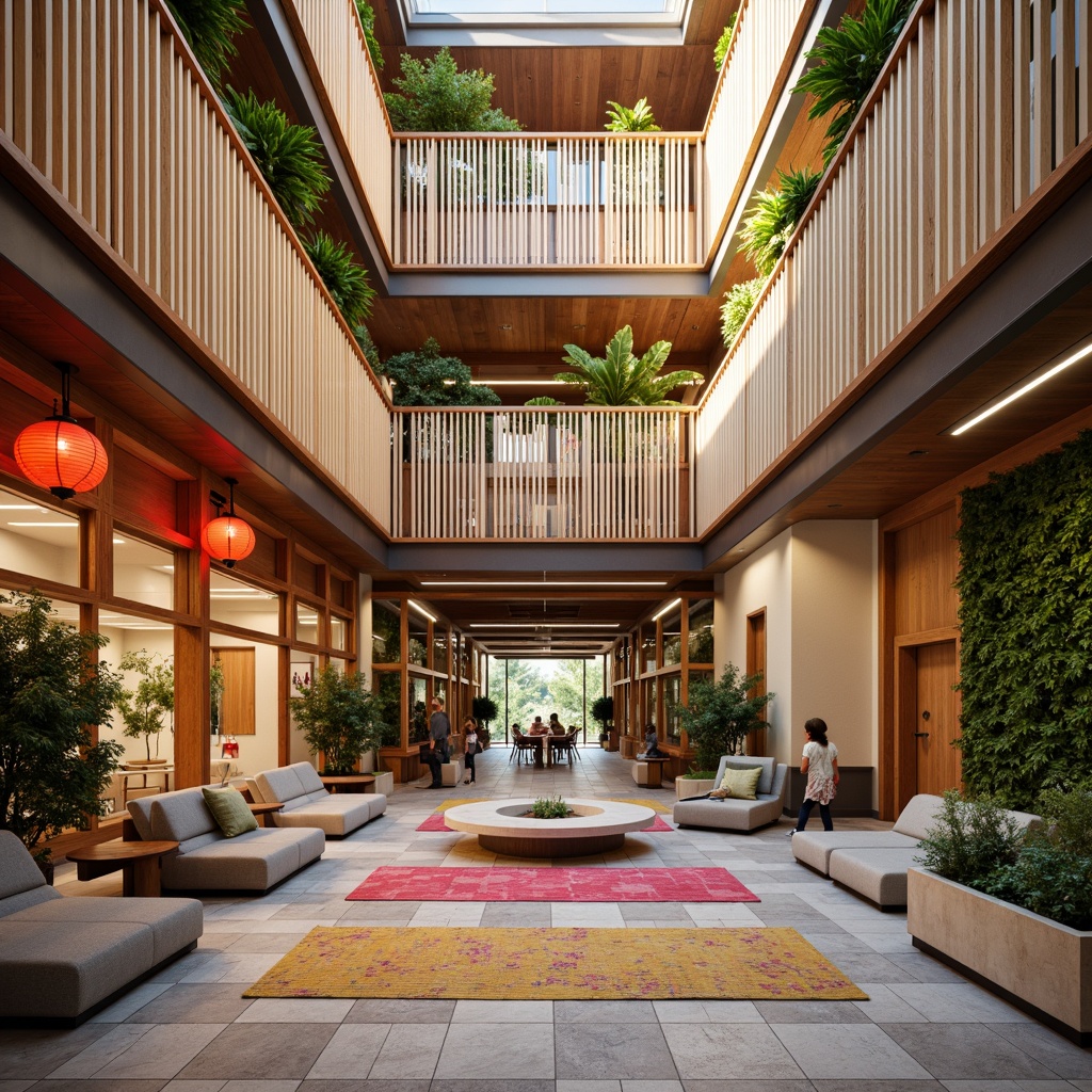 Prompt: Vibrant Asian-inspired middle school, traditional Japanese shoji screens, natural wood accents, woven bamboo textures, colorful ceramic tiles, geometric patterned rugs, bold red lanterns, lush greenery, living walls, modern minimalist furniture, sleek metal railings, subtle LED lighting, warm beige stucco, rustic wooden doors, soft warm color palette, shallow depth of field, 1/1 composition, realistic render, ambient occlusion.