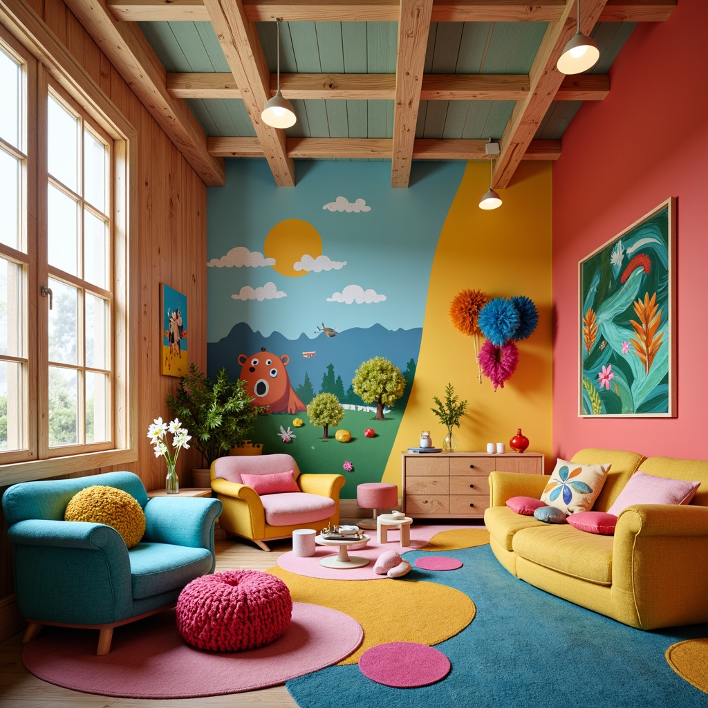 Prompt: Vibrant kids' room, whimsical furniture, bright pop colors, playful patterns, curved lines, irregular shapes, oversized decorations, fantasy creatures, dreamy landscapes, fluffy carpets, soft cushions, rounded edges, sturdy wooden frames, imaginative lighting fixtures, colorful textiles, abstract artwork, joyful atmosphere, warm cozy ambiance, shallow depth of field, 1/1 composition, soft focus effect.