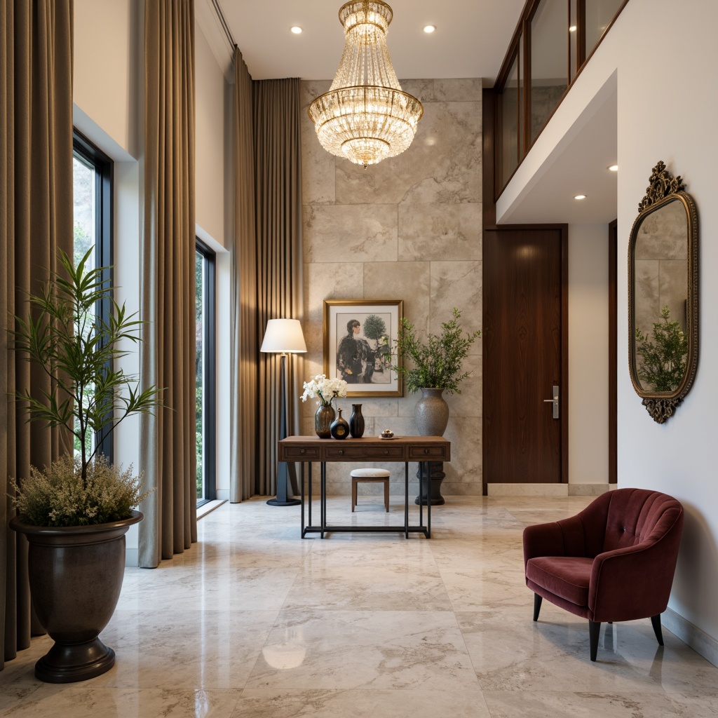 Prompt: Elegant entrance hall, high ceiling, grand chandelier, marble flooring, modern minimalist console table, sleek metal legs, luxurious velvet armchair, ornate gold frame mirror, statement piece artwork, natural stone wall cladding, soft warm lighting, shallow depth of field, 3/4 composition, realistic textures, ambient occlusion.