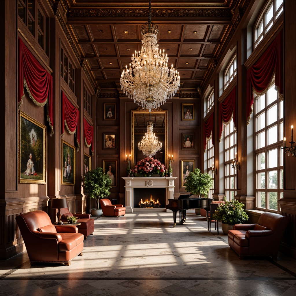 Prompt: Rich velvet drapes, ornate golden frames, lavish crystal chandeliers, intricately carved wooden panels, stately stone fireplaces, opulent marble floors, majestic columns, grand pianos, luxurious leather sofas, refined antique furniture, warm candlelight, soft focus, 1/1 composition, realistic textures, ambient occlusion, dramatic shadows.