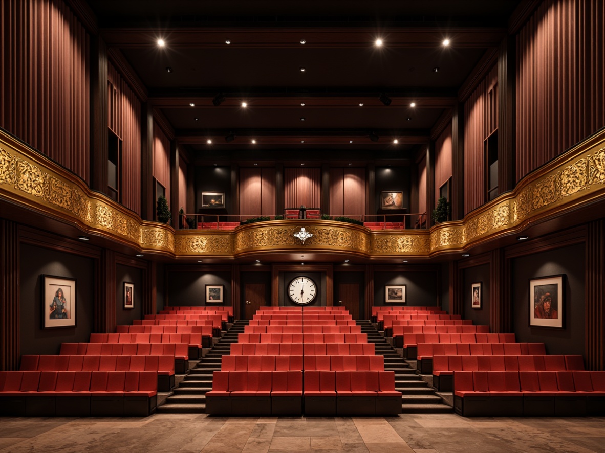 Prompt: Theater interior, sound-absorbing acoustic panels, dark wood trim, plush red seats, ornate golden balconies, rich velvet curtains, spotlights, stage lighting, professional audio equipment, high ceilings, minimalist decor, neutral color palette, soundproofing materials, geometric patterns, abstract artwork, warm ambient lighting, 1/1 composition, realistic textures, subtle shading.