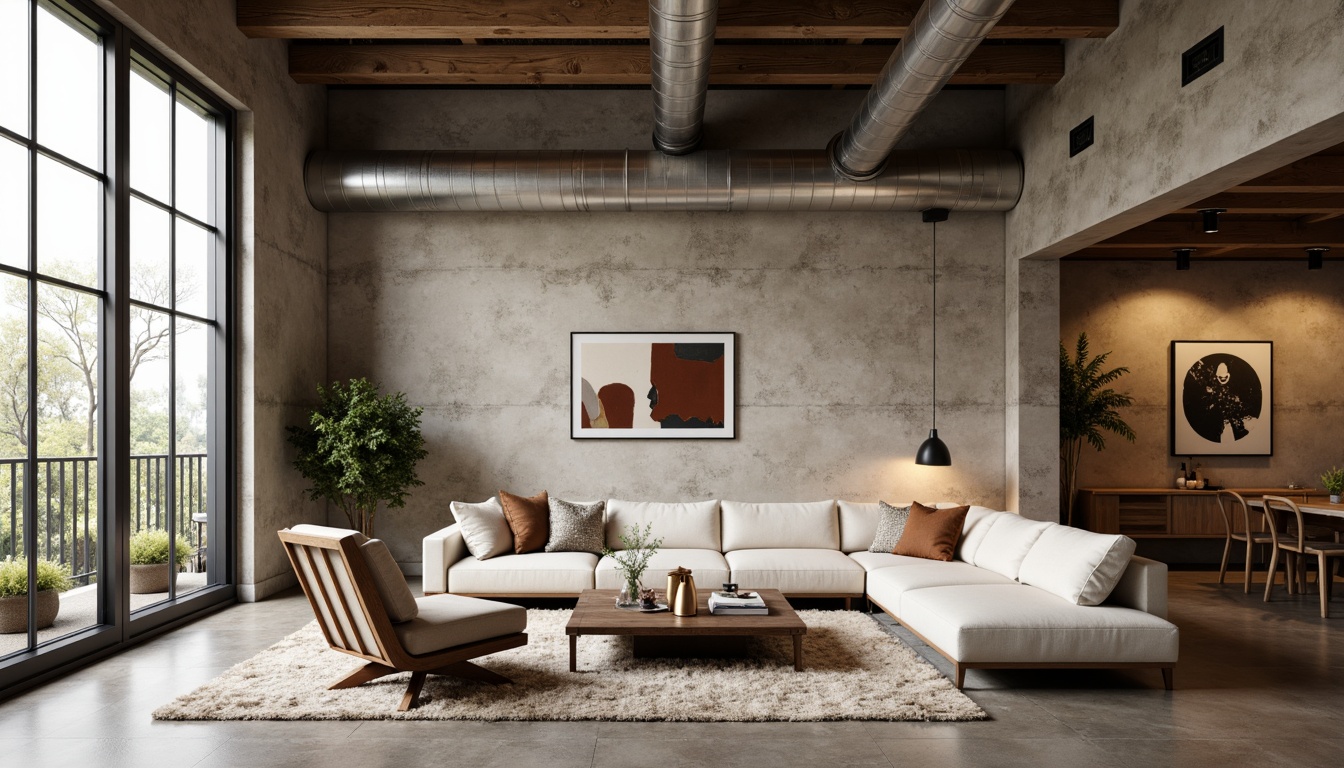 Prompt: Cozy living room, textured wall finishes, earthy tone color palette, natural stone accents, reclaimed wood furniture, soft warm lighting, plush area rugs, minimalist decor, urban loft atmosphere, exposed ductwork, industrial chic style, concrete floors, metallic decorative frames, modern abstract artwork, 1/2 composition, shallow depth of field, realistic textures.