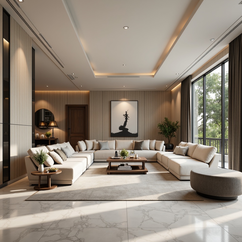 Prompt: Luxurious living room, smooth marble flooring, glossy wooden tables, sleek metal decorations, soft velvet sofas, curved lines, minimalist aesthetic, ambient lighting, 1/1 composition, shallow depth of field, realistic textures, subtle reflections, calm atmosphere, peaceful ambiance, modern interior design, sophisticated color palette, creamy whites, rich grays.