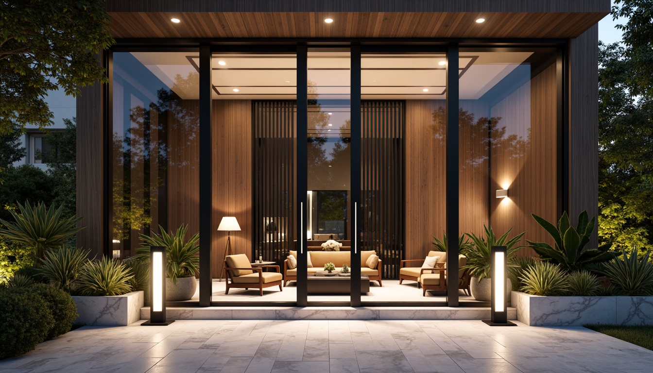 Prompt: Modern minimalist entrance, sleek metal doors, large glass windows, wooden accents, geometric patterns, bold color schemes, ambient lighting, shallow depth of field, 3/4 composition, panoramic view, realistic textures, subtle shadows, contemporary furniture pieces, decorative plants, polished marble floors, stylish lanterns, futuristic door handles, automated sliding doors, smart home integration, luxurious materials, sophisticated architectural details.