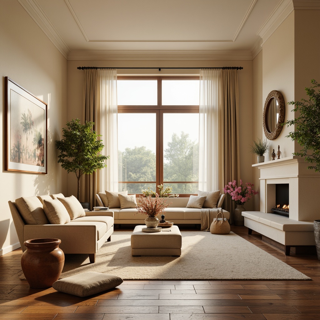 Prompt: Calming living room, soft creamy walls, warm beige furniture, rich walnut wood accents, plush velvet upholstery, natural fiber rugs, earthy terracotta pots, delicate flower patterns, subtle golden lighting, cozy reading nook, comfortable seating arrangement, harmonious color balance, soothing ambiance, nature-inspired hues, gentle contrast, 1/2 composition, soft focus, warm color temperature.