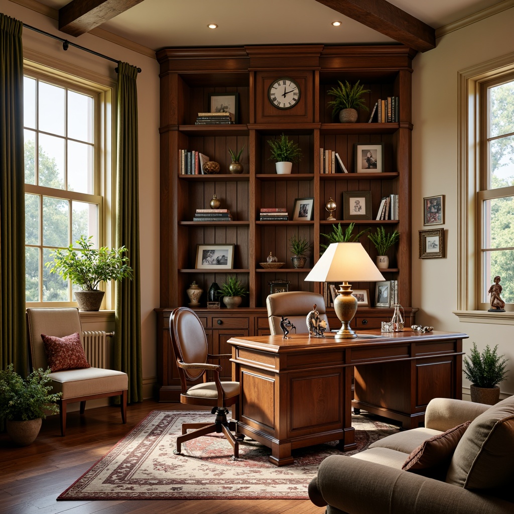 Prompt: Traditional home office, wooden desk, leather chair, vintage lamp, bookshelves, classic clock, warm beige walls, rich wood flooring, comfortable couch, soft cushions, elegant drapes, natural light, cozy atmosphere, rustic decorations, antique items, green plants, organized workspace, ergonomic design, desktop computer, paper trays, pens holders, framed family photos, warm color scheme, shallow depth of field, 1/1 composition, realistic textures, ambient occlusion.