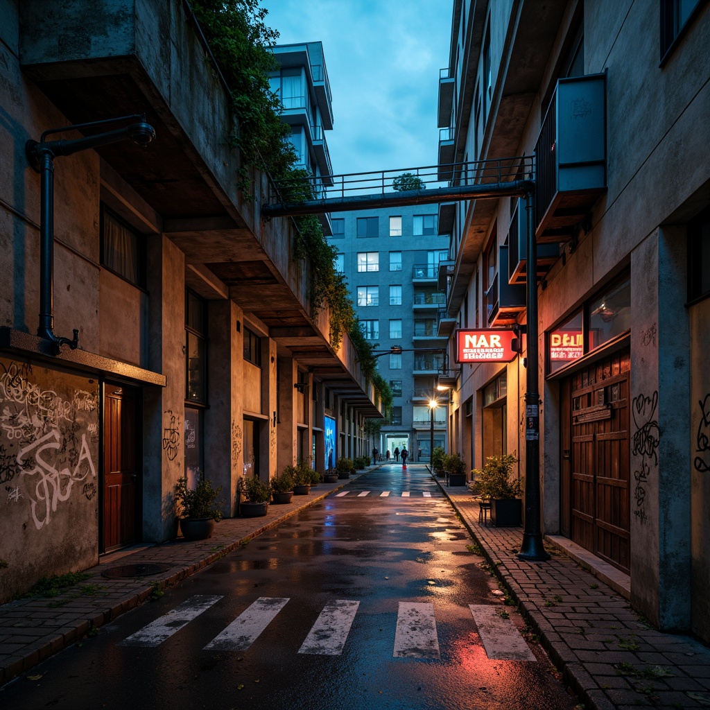 Prompt: Rough-hewn concrete walls, brutalist architecture, industrial textures, exposed ductwork, metal beams, raw unfinished surfaces, distressed wood accents, urban decay, graffiti-covered walls, neon-lit cityscapes, rainy night atmosphere, dramatic shadows, high-contrast lighting, cinematic composition, gritty realism, rough-around-the-edges aesthetic.