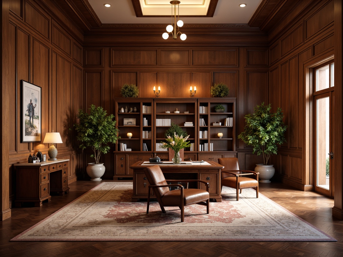 Prompt: Rich wood paneling, ornate moldings, luxurious fabrics, vintage furniture pieces, classic lighting fixtures, warm earthy tones, sophisticated color palette, refined textures, executive desks, leather chairs, traditional bookshelves, decorative accessories, statement artwork, subtle patterns, high ceilings, large windows, natural light, soft warm glow, 1/1 composition, realistic rendering, ambient occlusion.