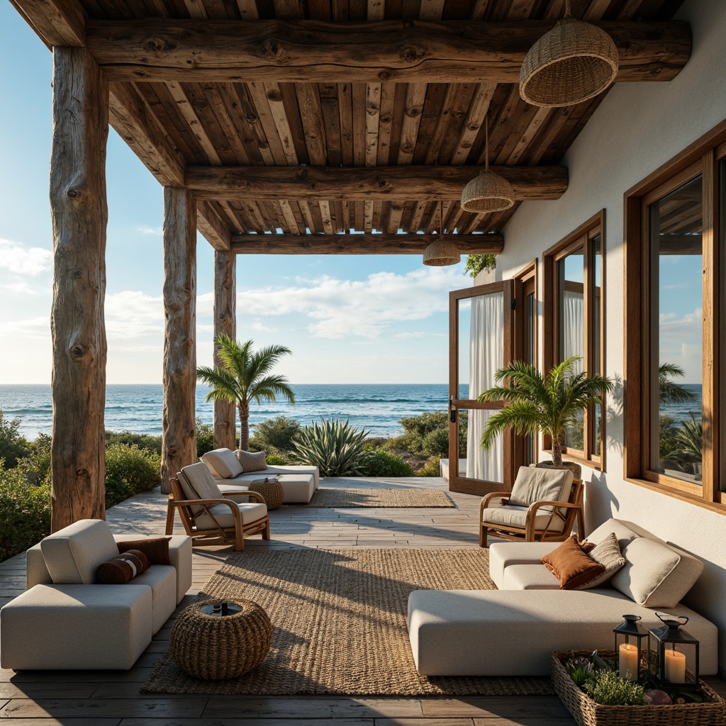 Prompt: Coastal beach house, rustic wooden accents, nautical ropes, driftwood decorations, soft blue-green color palette, calming ocean views, large windows, glass doors, natural textiles, woven sea grass rugs, vintage marine lanterns, distressed metal fixtures, candle-lit ambiance, warm golden lighting, shallow depth of field, 1/2 composition, realistic reflection, ambient occlusion.