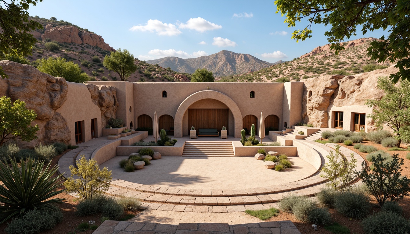 Prompt: Southwestern amphitheater, rugged stone walls, earthy tones, natural wood accents, woven textiles, vibrant turquoise hues, desert flora, cacti, sandy terrain, clear blue sky, warm sunny day, soft ambient lighting, shallow depth of field, 3/4 composition, panoramic view, realistic textures, ambient occlusion, tiered seating, curved rows, central performance stage, acoustic panels, sound-absorbing materials, optimized reverberation times, immersive audio experience.