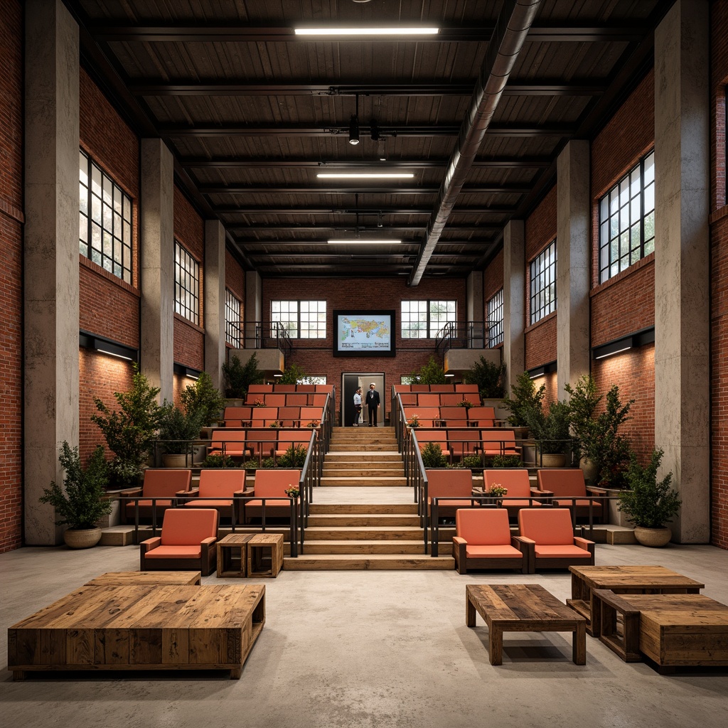 Prompt: Exposed brick walls, metal beams, industrial chic lighting, reclaimed wood floors, modern minimalist chairs, sleek steel railings, urban loft atmosphere, high ceilings, concrete columns, distressed finishes, functional decor, flexible seating arrangements, tiered platforms, aisle ways, spotlights, warm ambient glow, shallow depth of field, 2/3 composition, cinematic view, realistic textures, subtle color palette.