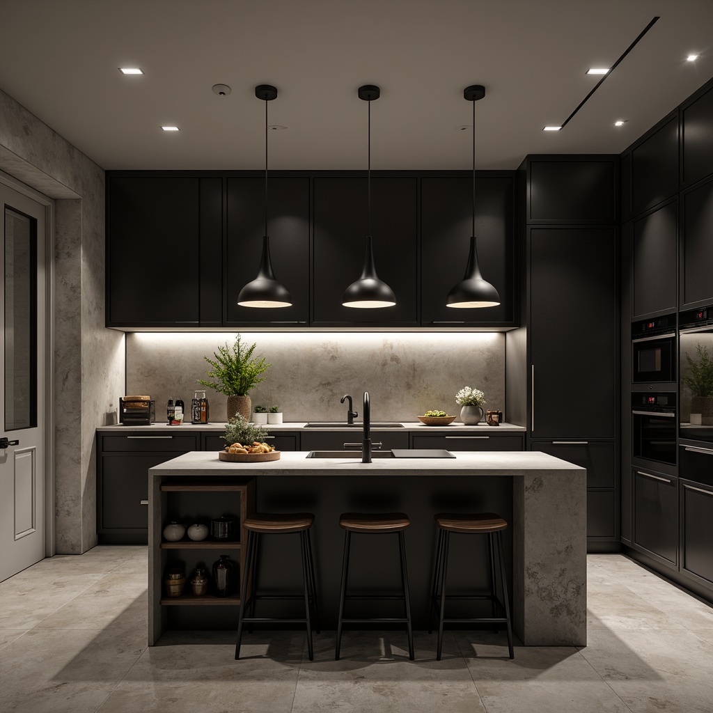 Prompt: Minimalist kitchen island, industrial pendant lamps, matte black finishes, warm white lighting, recessed ceiling lights, sleek chrome fixtures, geometric patterns, monochromatic color scheme, functional simplicity, open shelving, polished concrete floors, modern appliances, handle-less cabinetry, bold color accents, soft ambient glow, 1/1 composition, high contrast ratio, realistic reflections.