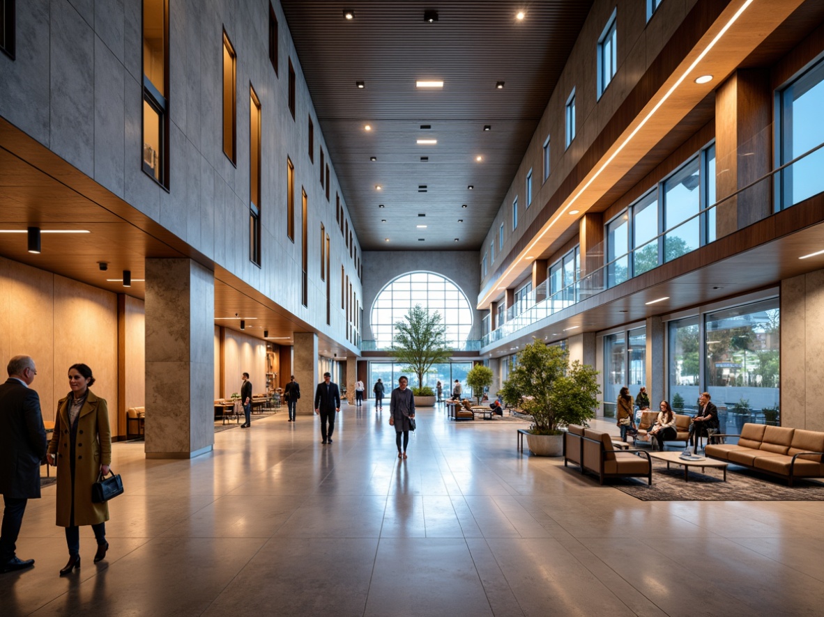 Prompt: Vibrant airport terminal, modern interior design, textured walls, stainless steel accents, sleek glass railings, spacious waiting areas, comfortable seating zones, natural stone floors, warm ambient lighting, soft shadows, 1/2 composition, shallow depth of field, realistic reflections, subtle gradient maps.