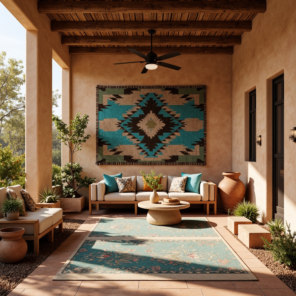 Prompt: Vibrant Southwestern patterns, bold geometric shapes, turquoise accents, woven wool fabrics, natural fiber textiles, earthy tones, adobe-inspired architecture, rustic wooden beams, clay pottery vases, cactus plants, warm sunny days, shallow depth of field, 1/1 composition, panoramic view, realistic textures, ambient occlusion.