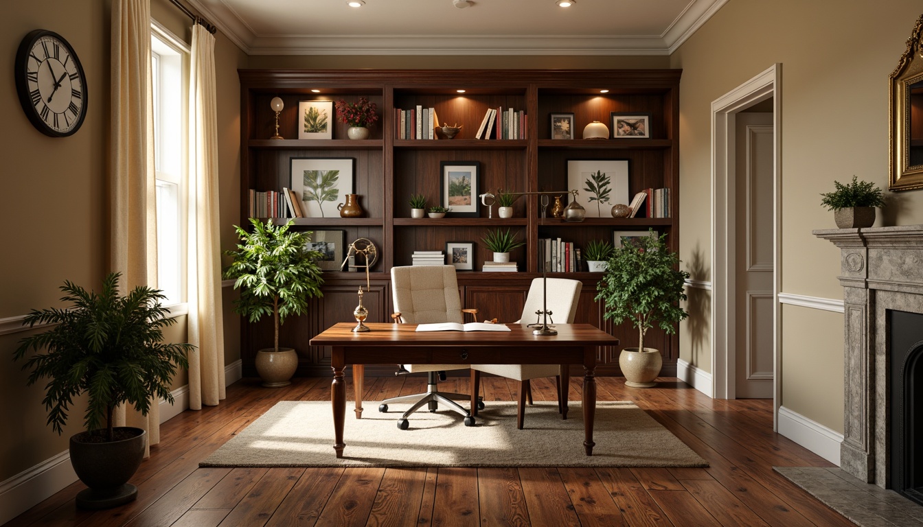 Prompt: Cozy home office, traditional wood desk, comfortable ergonomic chair, warm beige walls, rich brown wooden floors, classic bookshelves, vintage metal lamp, soft cream-colored curtains, lush green plants, natural stone fireplace, ornate picture frames, antique clock, warm ambient lighting, shallow depth of field, 1/1 composition, realistic textures, subtle wood grain details.