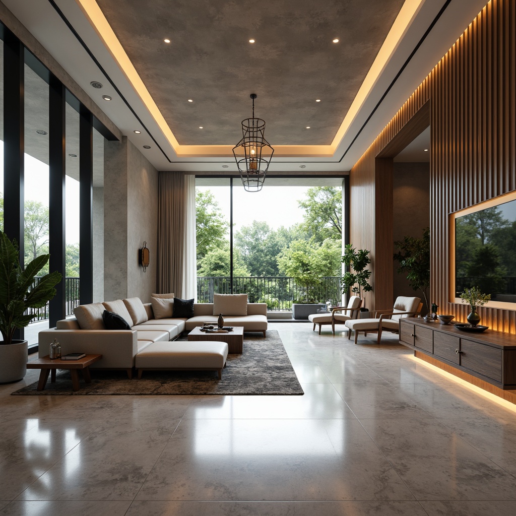 Prompt: Modern interior space, sleek furniture, polished marble floors, floor-to-ceiling windows, natural ambient light, LED strip lights, minimalist chandeliers, pendant lamps, geometric metal shades, warm soft glows, indirect lighting effects, 3/4 composition, shallow depth of field, realistic reflections, detailed textures.