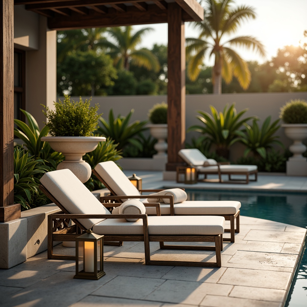 Prompt: Elegant poolside lounge chairs, ornate bronze frames, plush velvet cushions, rich wood accents, antique-inspired lanterns, grandiose stone pedestals, majestic urns, lush greenery, tropical plants, tranquil water features, serene ambiance, warm golden lighting, shallow depth of field, 3/4 composition, symmetrical arrangement, realistic textures, ambient occlusion.