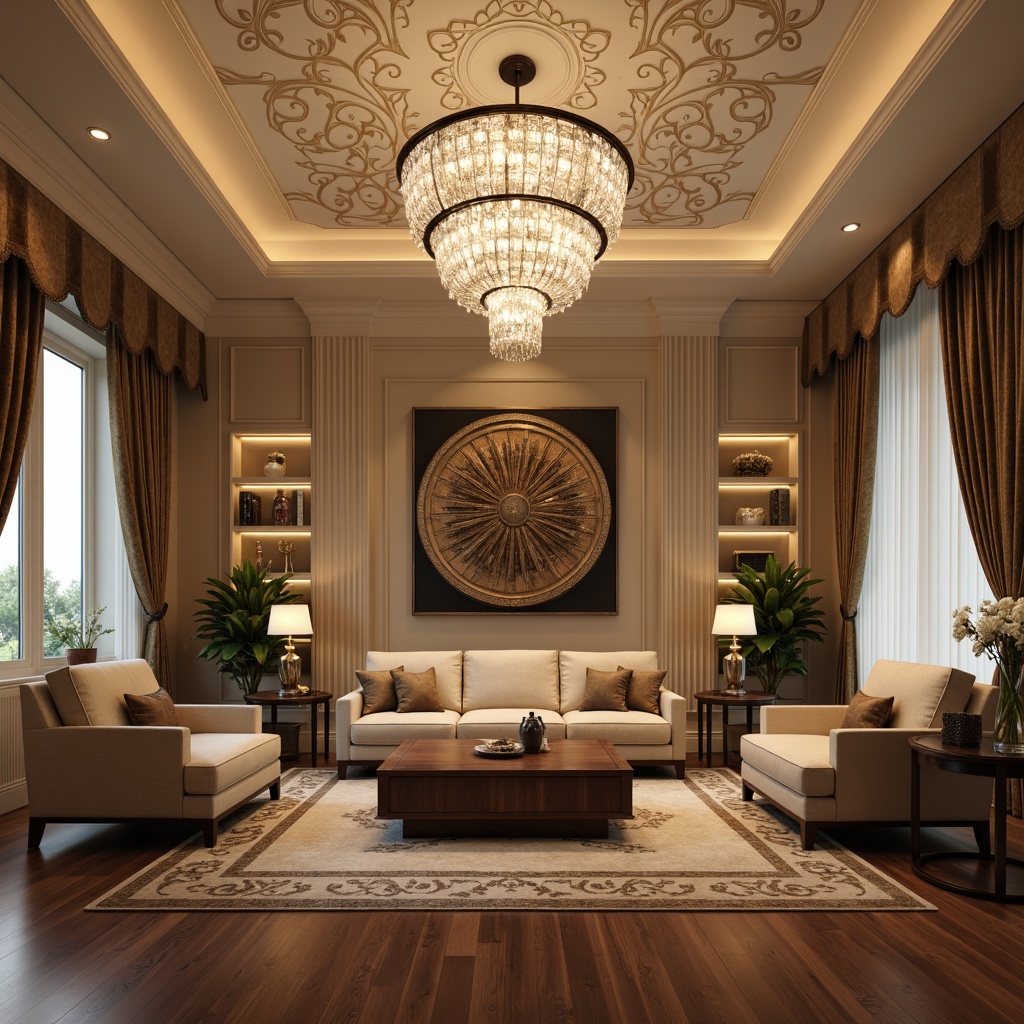 Prompt: Elegant living room, sophisticated furnishings, luxurious fabrics, refined textures, warm beige walls, polished wooden floors, ornate ceiling details, stunning crystal chandelier, table lamps with sculpted metal bases, floor lamps with silk shades, LED strip lights under cabinets, subtle ambient glow, soft warm lighting, 1/1 composition, realistic reflections, high-end materials, precise geometry.