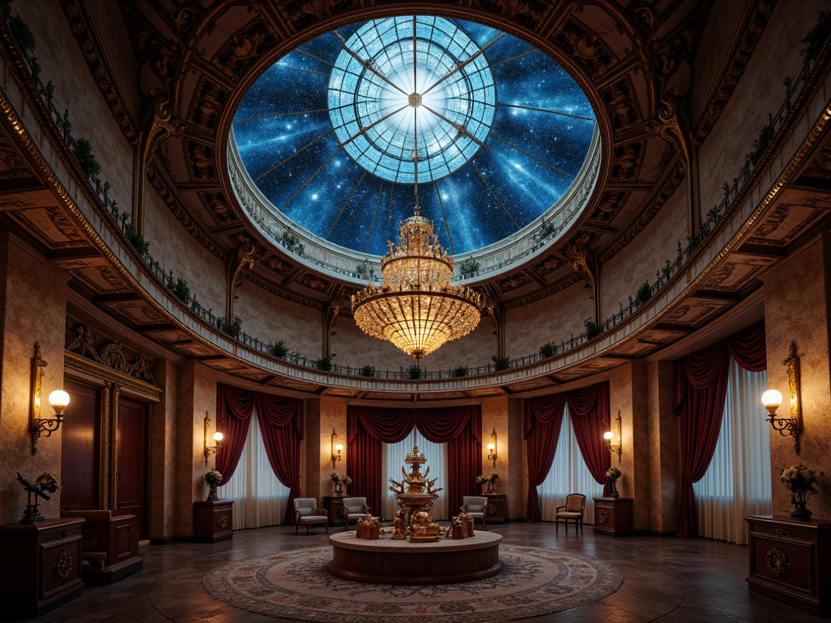 Prompt: Ornate planetarium dome, starry night sky, textured stone walls, intricate wood carvings, ornamental metalwork, stained glass ceiling, grand chandelier, luxurious velvet drapes, golden accents, antique telescopes, vintage astronomical instruments, mysterious atmospheric lighting, dramatic shadows, high contrast ratio, 1/2 composition, warm color palette, realistic reflections, ambient occlusion.