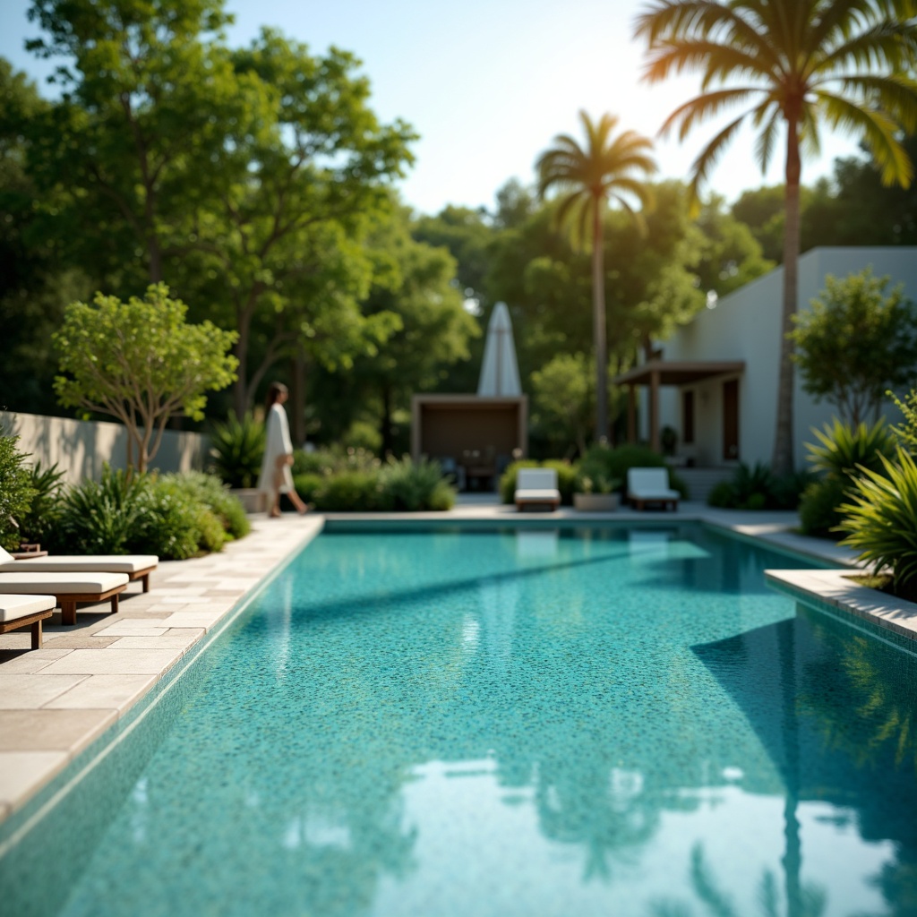 Prompt: Vibrant turquoise water, sleek modern pool design, surrounding lush greenery, natural stone decking, warm sunny day, soft gentle lighting, shallow depth of field, 3/4 composition, realistic water textures, ambient occlusion, subtle wave patterns, refreshing outdoor ambiance.