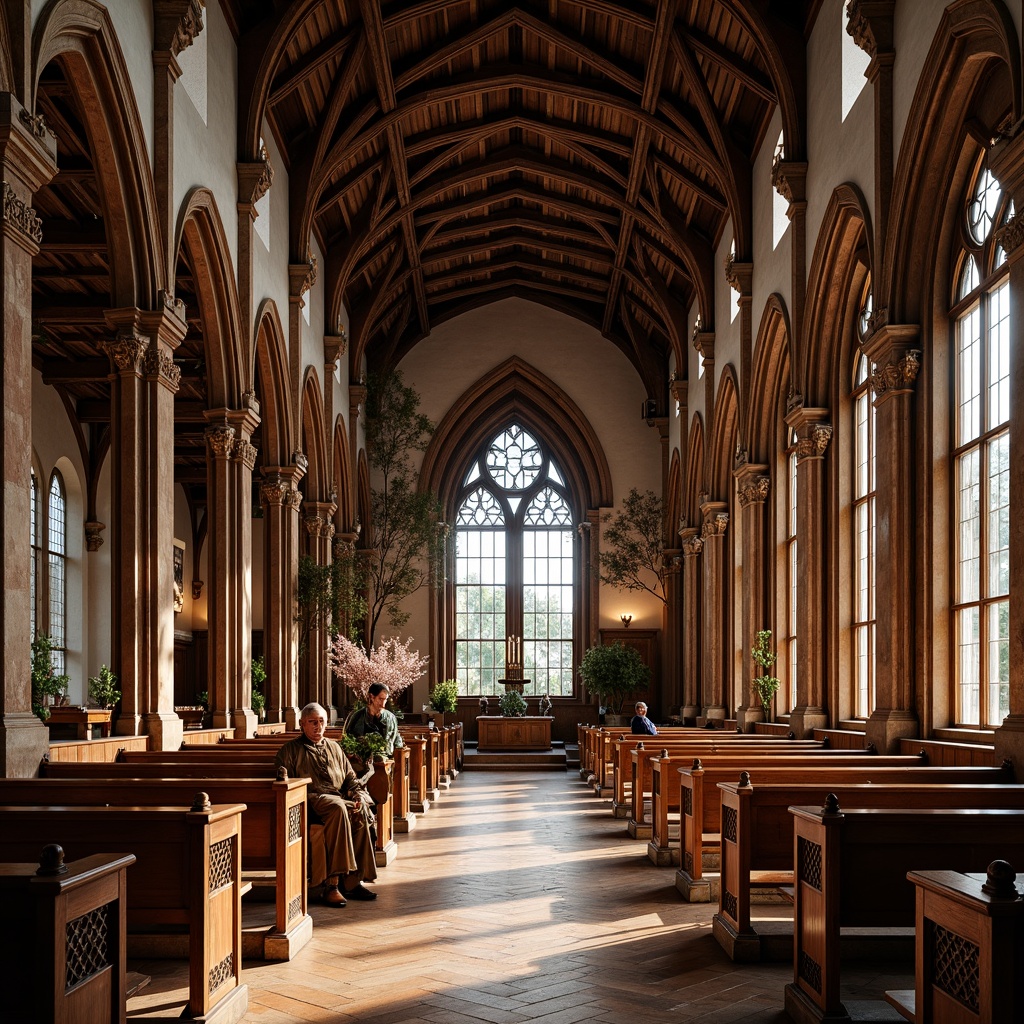 Prompt: Intricate wooden carvings, ornate pews, stained glass windows, vaulted ceilings, rustic wooden beams, gothic arches, handcrafted furniture, polished oak floors, rich wood tones, warm candlelight, soft natural lighting, dramatic shadows, historic architecture, traditional craftsmanship, ornamental details, classic church design, serene atmosphere, peaceful ambiance, 1/1 composition, shallow depth of field, realistic textures, ambient occlusion.