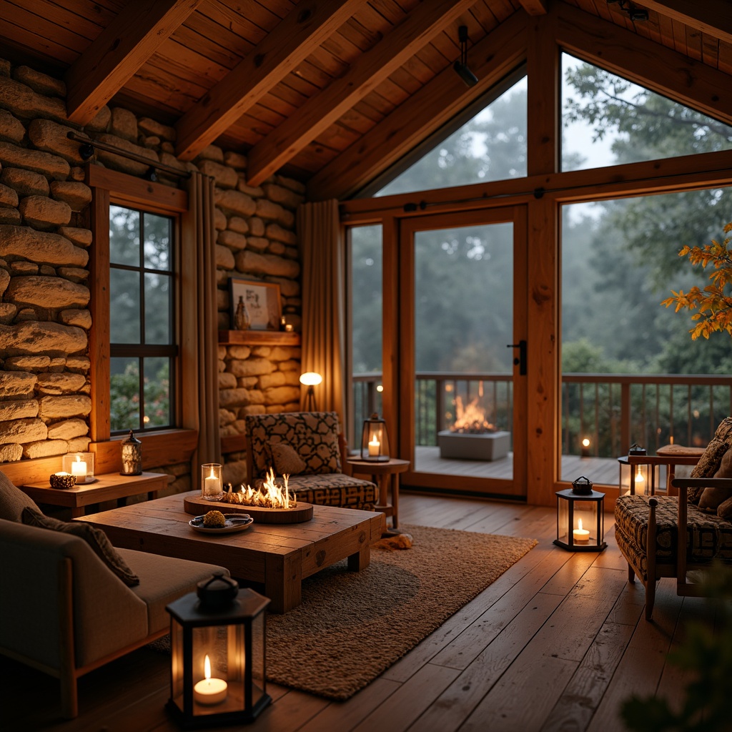 Prompt: Rustic wooden cabin, warm candlelight, lanterns with metal accents, cozy fire pit, soft warm glow, ambient shadows, dimmable LED lights, industrial-chic metal fixtures, reclaimed wood beams, earthy color palette, natural stone walls, vintage metal lanterns, candlelit tables, wooden furniture, woven textiles, nature-inspired patterns, warm beige tones, autumnal leaf colors, misty morning atmosphere, shallow depth of field, 1/1 composition, realistic textures.