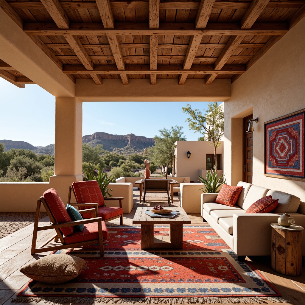 Prompt: Vibrant Southwestern-style interior, rich cultural heritage, traditional Native American patterns, bold geometric motifs, colorful woven textiles, plush throw pillows, rustic wooden accents, earthy color palette, natural fiber rugs, cozy ambient lighting, warm beige walls, modern adobe architecture, desert landscape views, clear blue skies, warm sunny days.